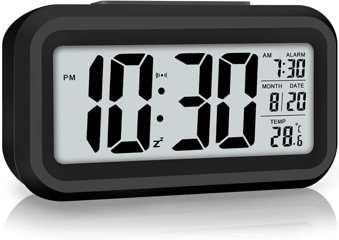 AERYS Digital Alarm Clock: Smart Night Sensor, Temp Display &amp; Date | Best Budget Desk Clock for Students &amp; Office (Black)