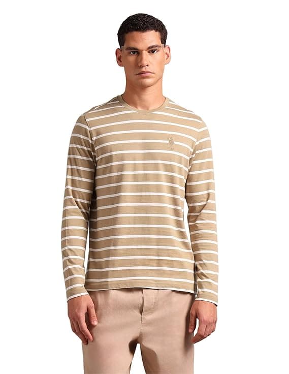 U.S. Polo Assn. Men’s Relaxed Fit Striped Cotton T-Shirt: Long Sleeve Ribbed Crew Neck Lounge Wear (I689)