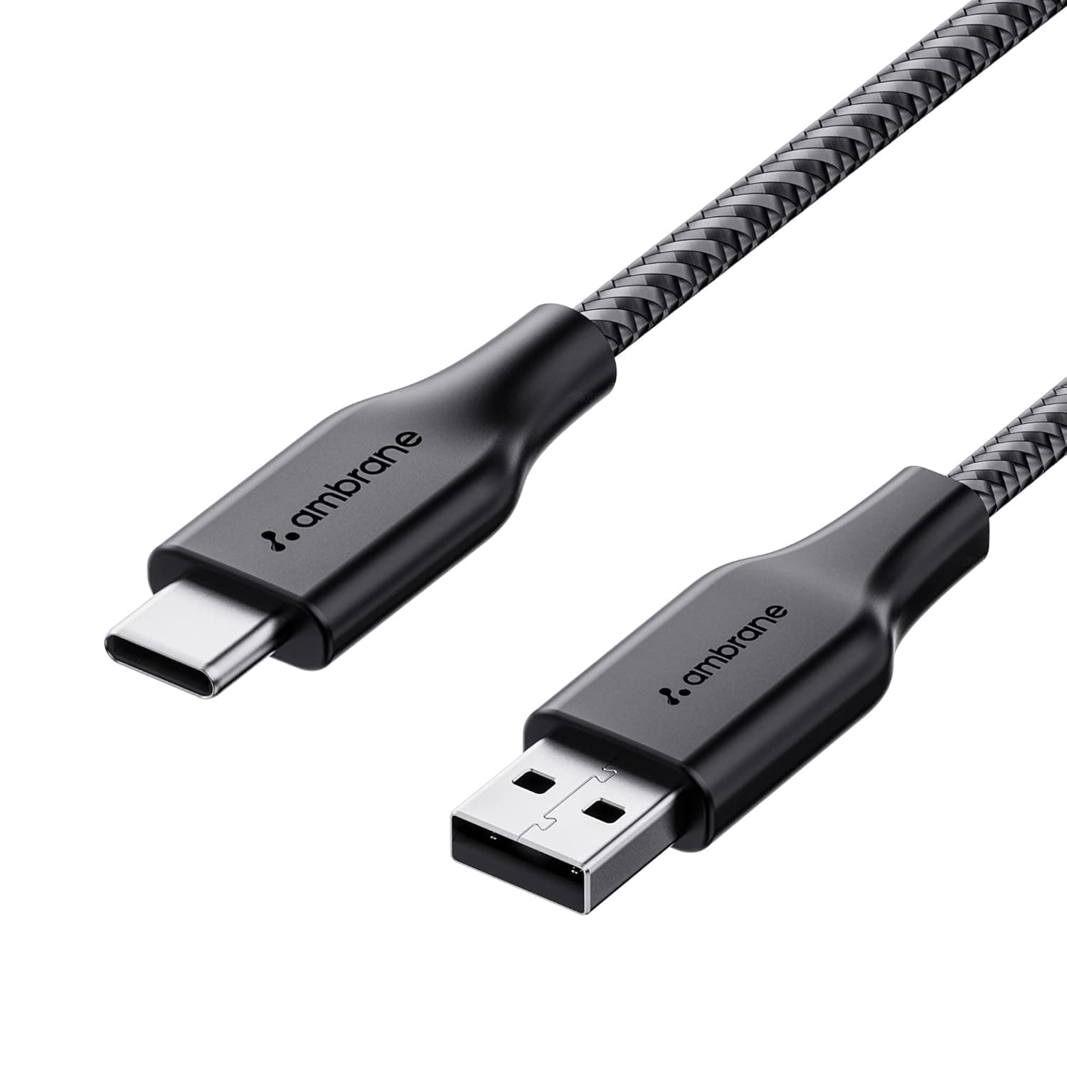 Ambrane Unbreakable 3A Fast Charging Type-C Cable: 1.5m Braided Data Cable with QC 3.0 Support for iPhone 16/17 & Android