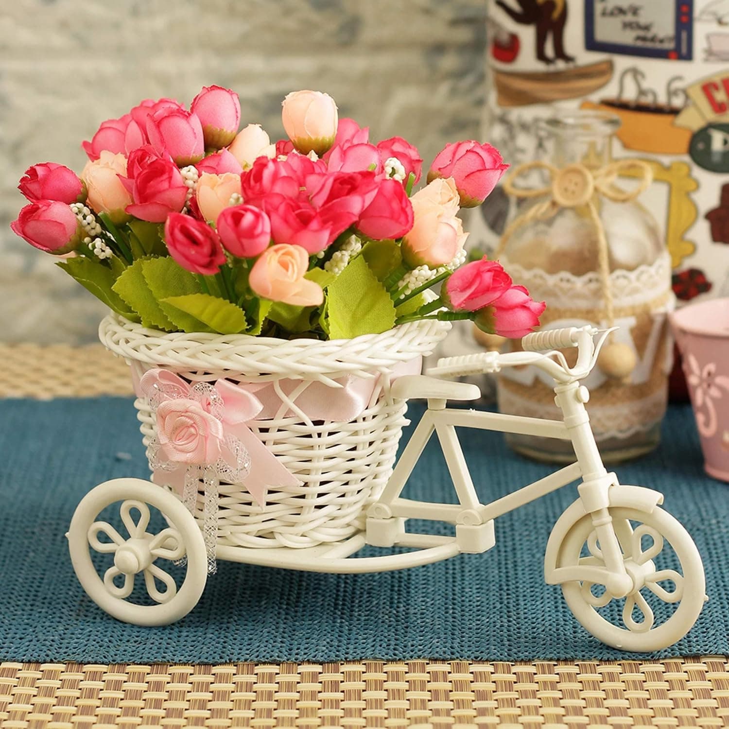 TIED RIBBONS Cycle Shape Flower Vase with Artificial Peonies: Elegant Table Decor Piece for Home & Office (19cm x 21cm)