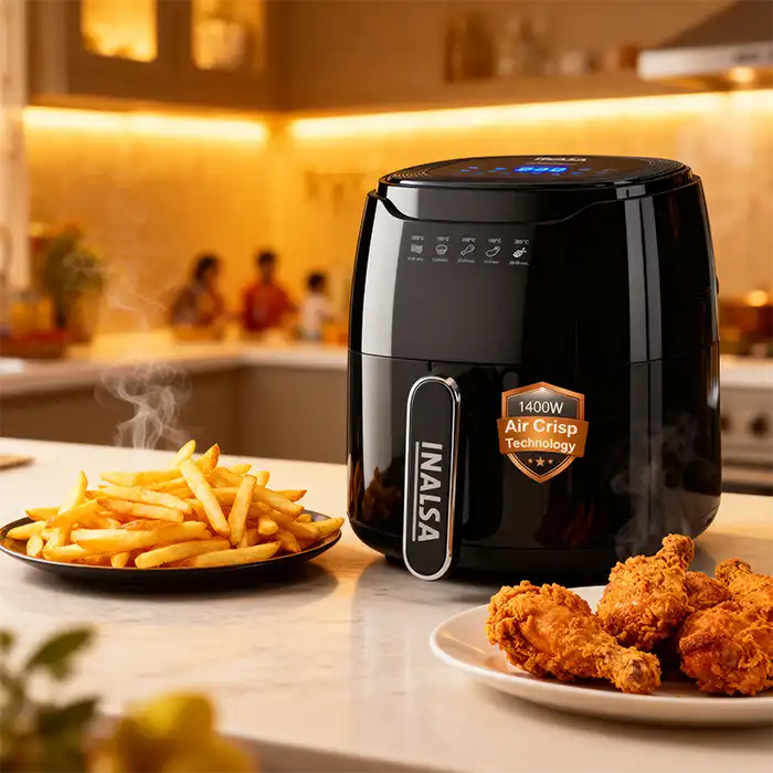 Inalsa Tasty Fry Digital 4.2L air fryer with crispy fries and fried chicken in Indian kitchen