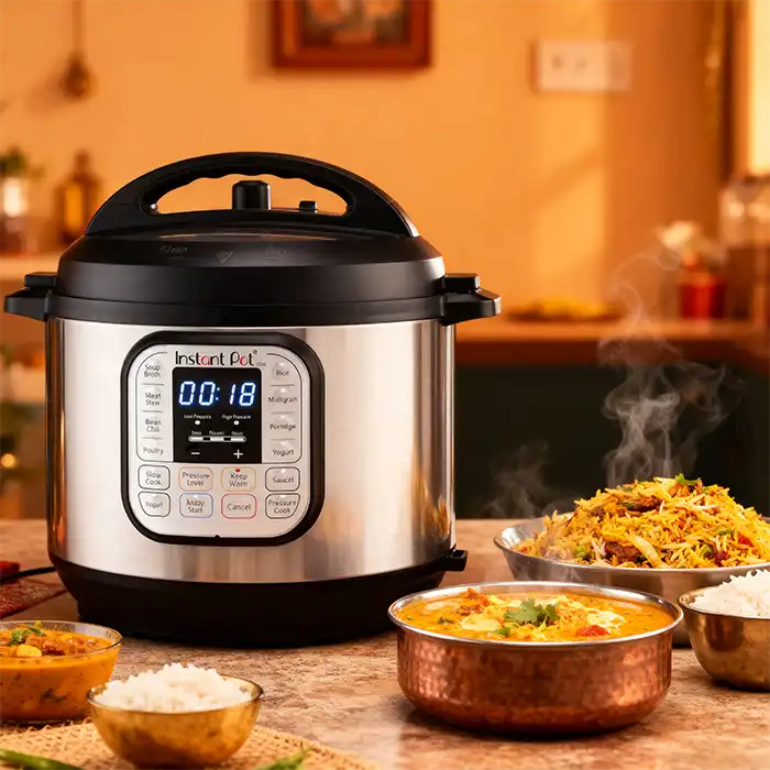 Instant Pot Duo 7-in-1 electric pressure cooker 5.7L stainless steel on kitchen counter