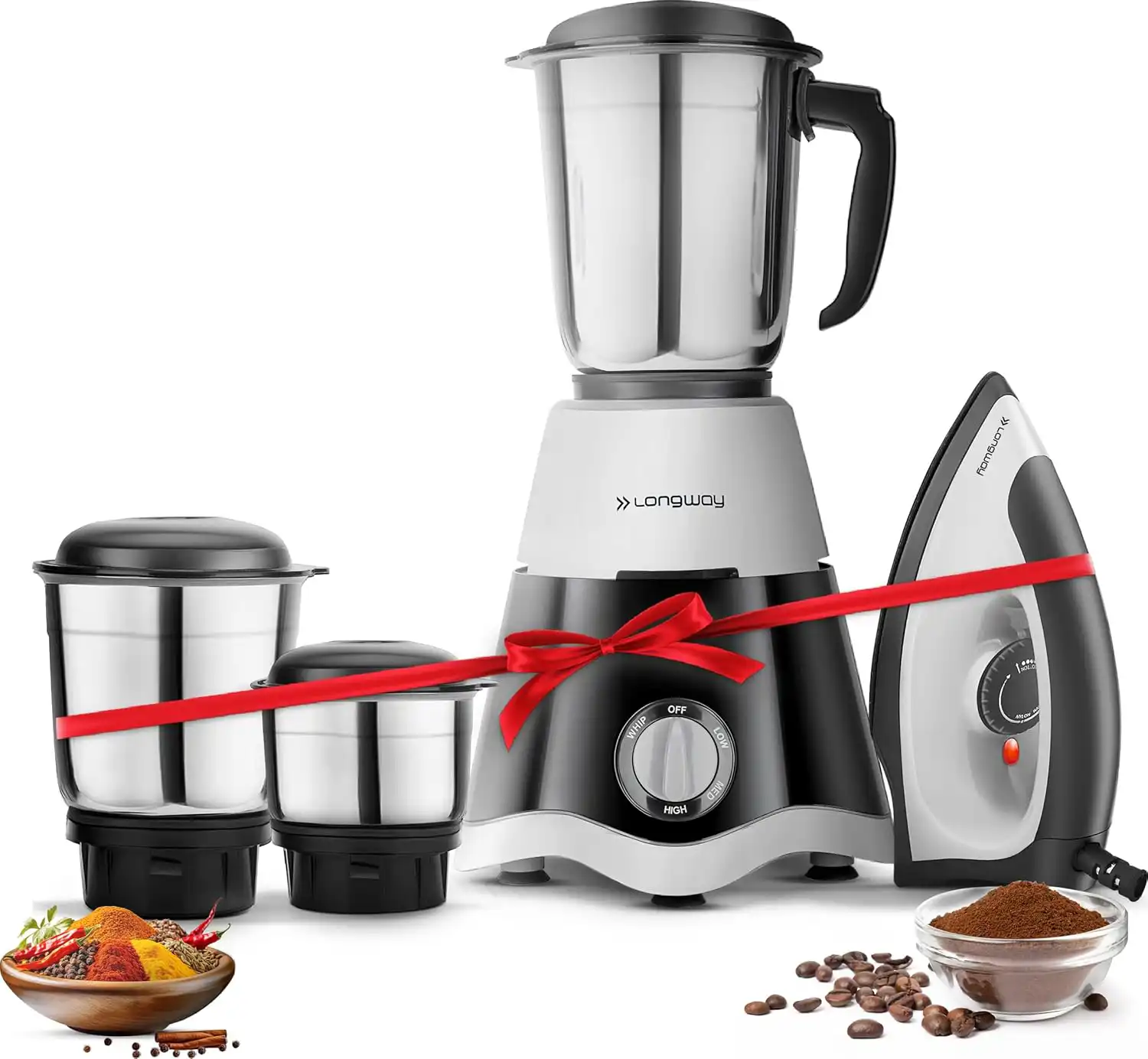 Longway Super Dlx 700W mixer grinder 3 SS jars with Kwid dry iron combo India